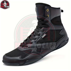 Chaussures de boxe à lacets légères et respirantes de couleur unie noire, soutien de la cheville élevé, dessus en cuir véritable, logo personnalisé - Product Image 4