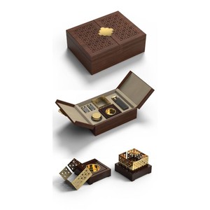 Juego de Regalo de Mubkhar de Madera y Metal Árabe de Lujo |   Quemador de Incienso de Latón Dorado con Filigrana |   Quemador de Incienso Premium Bakhoor Oud, Diseños Prisma - Product Image 1