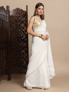 ผ้าไหมชานเดรีคุณภาพสูง ปักมือแบบดั้งเดิม ไม่ยับง่าย เหมาะสำหรับงานแต่งงานและงานเลี้ยง  งานปักชิคันการีด้วยดิ้นทอง สำหรับผู้หญิง - Product Image 3