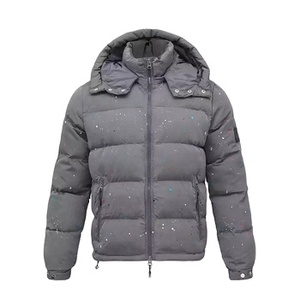 Manteau de peinture gris pour hommes, col montant, impression personnalisée, parka rembourrée avec logo pour l'extérieur, veste d'hiver bouffante à capuche en nylon de haute qualité - Product Image 3