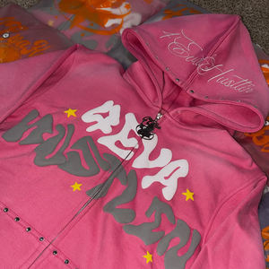 Ventes en gros de sweats à capuche pour femmes, vêtements de rue d'hiver, personnalisés, en coton délavé au soleil, doublés de polaire, imprimés, avec pierres précieuses en cristal, fermeture éclair - Product Image 2