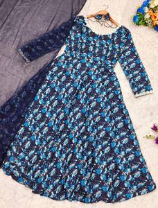 ชุดทำงานออกแบบโดยนักออกแบบสีน้ำเงินชุดผ้าไหมผ้าไหมผ้าไหมลาย anarkali salwar สำหรับงานแต่งงานเสื้อผ้าปากีสถานอินเดีย - Product Image 6