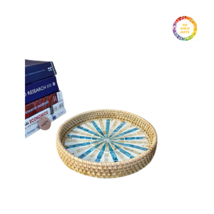 Plateau décoratif en nacre en rotin fait à la main pour table basse, plateau de service de luxe en incrustation de coquillages du Vietnam - Product Image 2