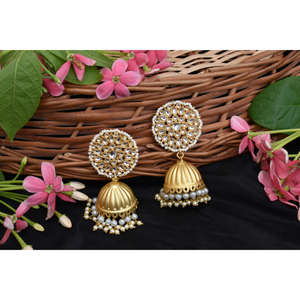 Kundan Stud Jhumka ต่างหูแบบห่วงสำหรับผู้หญิงและผู้หญิง,ชุบทองแบบดั้งเดิมสวยงามเคลือบทองล่าสุด - Product Image 3