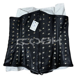 Corset gothique en cuir noir style punk rock, robuste, sous-poitrine, avec baleines en acier et détails cloutés argentés sur toute la surface - Product Image 3