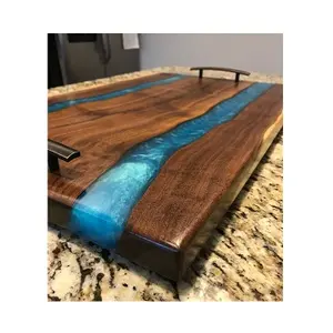 High Quality Best Grade Ecofriendly Rectangle Epoxy Resin & Wood Serving Food Ottoman Serving Trays for Breakfast Use for Hotels - Product Image 1