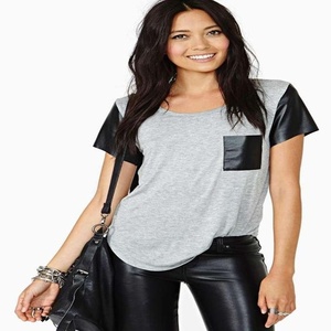 Camiseta con mangas de cuero y bolsillo para mujer, camiseta lisa a la moda con mangas de cuero, venta al por mayor - Product Image 3