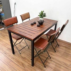 Rustic Acacia Wood Garden <b>Table</b> with Powder-Coated Iron Legs for Courtyard Use - Product Image 6