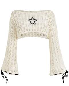 <b>White</b> Crochet Knit Crop Sweater <b>Women</b> Star Embroidery Open Weave Flare Sleeve Lace Up Cuff Fashion Top Boho Summer Streetwear - Product Image 1