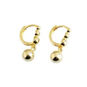 S104-52 Metal Style 18K Hoop Earrings 925 Sterling Silver Gold Plated Beaded Ball Drop Hoop Earrings Women