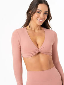 Nouveau rose poussiéreux femmes noeud manches longues hauts courts extensible Super doux et respirant entraînement Fitness haut court t-shirts pour les femmes - Product Image 5