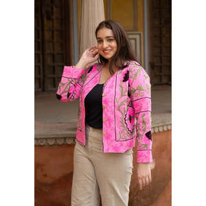 Handmade Embroidery <b>Reversible</b> <b>Jacket</b> for Ladies Satin Leather Outerwear Linen Lining Quilted Boho for Autumn Spring Winter - Product Image 4