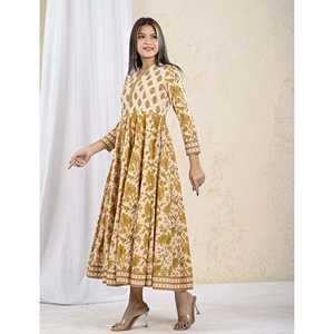 Vestido Largo de Algodón Estampado Color Crema Mostaza, Casual y Elegante, Transpirable, Talla Única y Largo hasta el Suelo, Moderno para Damas - Product Image 4