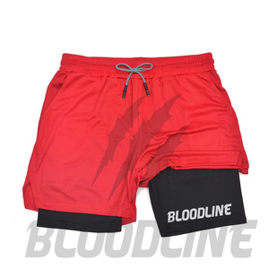 BLOODLINE Men's Red Casual Shorts with Black Inner <b>Layer</b> Quick Dry Elastic Waist <b>Mid</b> Length PU Coated Pockets Sublimation Print - Product Image 1