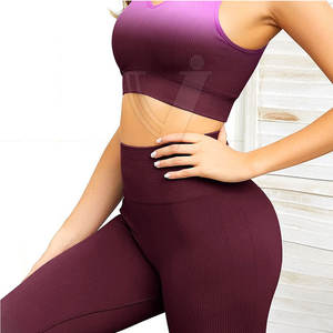 Medias con cierre de cintura elástica, patrón sólido, conjuntos de Yoga de dos piezas, conjunto atlético de gimnasio de Yoga de alta elasticidad para mujer, ropa deportiva sin costuras - Product Image 2