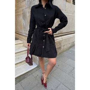 Robe courte en gabardine noire avec boutons sur le devant et ourlet à volants, style décontracté boutonné - Product Image 5