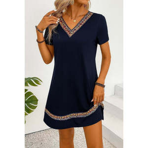 Women's Short-Sleeved V-Neck Ethnic Patterned <b>Viscose</b> <b>Dress</b> with Stripe Detail, 25998 - Navy blue - Product Image 2