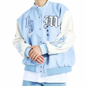 Veste universitaire bleu clair personnalisée OEM pour hommes avec logo brodé en chenille col montant manches en cuir pour l'hiver - Product Image 1