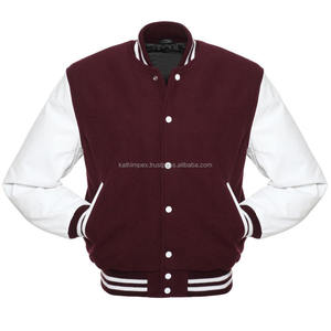Veste universitaire unisexe bordeaux, broderie blanche, fermeture à bouton-pression, corps en laine, manches en cuir, support personnalisé, prêt pour la toile - Product Image 1