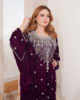 Ensemble 2 pièces Abaya Caftan Modeste Simple Uni pour Femme Musulmane, Manches Longues, en Mousseline 100% Polyester, Ornements Perlés et Pailletés, Coupe Trapèze