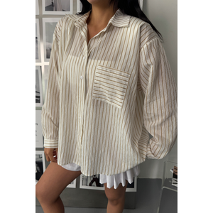 Blusa de Mujer en Voile Beige con Rayas Brillantes, Diseño Elegante a Rayas con Toque Brillante - Product Image 5