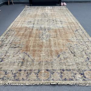 Turkish Large Rug, 4.8x10 ft Vintage Rug, <b>Brown</b> Check <b>Wool</b> Rug - Product Image 2