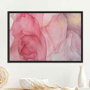 Elegante impresión en lienzo con tinta abstracta en rosa y dorado, decoración moderna, lienzo con marco negro - Product Image 1