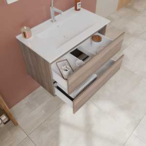 Meuble-lavabo mural de salle de bain de 80 cm avec deux tiroirs en chêne naturel du Belize - Product Image 5