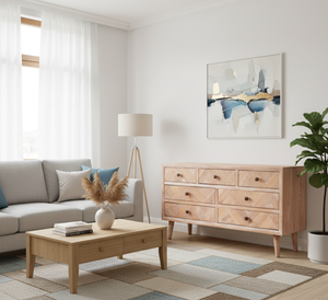 Meuble TV en bois de pin massif à motif chevron moderne de luxe avec couleur personnalisée pour le salon - Meubles de maison durables - Product Image 4