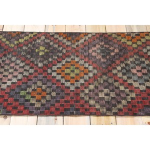 Vintage Turkish Rug, <b>Runner</b> 2.1x10.3 ft (65x315 cm) Rug, <b>Red</b> Geometric Wool Rug - Product Image 3