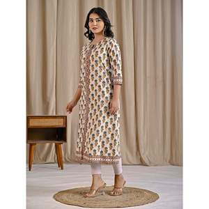 Sea Green Butti Block Printed Cotton Aline Kurti Casual Day-to-Day Office Lady Wear Floor-Length Diamond Breathable Natural - Product Image 5