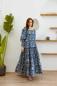 ชุดแม็กซี่เดรสสีฟ้าป่าแบบเป็นชั้นๆสำหรับผู้หญิงชุดเดรสยาวเอวเอไลน์ผ้าฝ้ายอินเดีย - Product Image 4