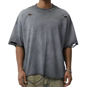 Custom logo Acid Washed 100% Cotton T-shirt Ripped Hole Distressed Metal <b>Ring</b> Accent Design Neck Baggy t Shirt for Men - Product Image 1