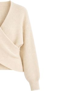 Manufacturer Customized Women <b>White</b> Ribbed <b>Knit</b> Wrap Sweater Long Sleeve V Neck Cross Front Casual Elegant Winter Fashion Top - Product Image 2