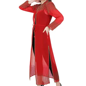 Dubai tarzı Abaya Kaftan kapak uzun üst tek parça ön açık Abaya uzun kollu çoklu renkler Maxi elbise ile spagetti kayışı
