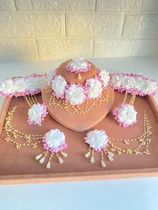 Wedding Rose Flower Jewelry for Bride Handmade Mehndi Set with Tikka Necklace Ring Earrings and <b>Bracelet</b> - Product Image 2