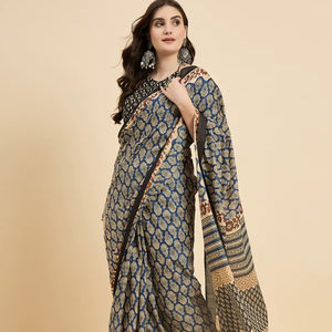 Sari en coton imprimé, motif floral en relief, écologique, toutes saisons, longueur de 6,3 mètres (avec blouse) - Product Image 1