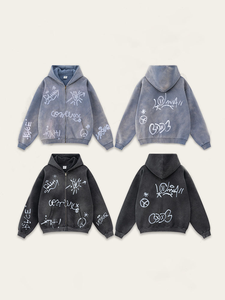 Sweat-shirt à capuche vintage brodé de style rétro, lavé, imprimé intégral, 100% coton, ample, fermeture éclair, automne - Product Image 5