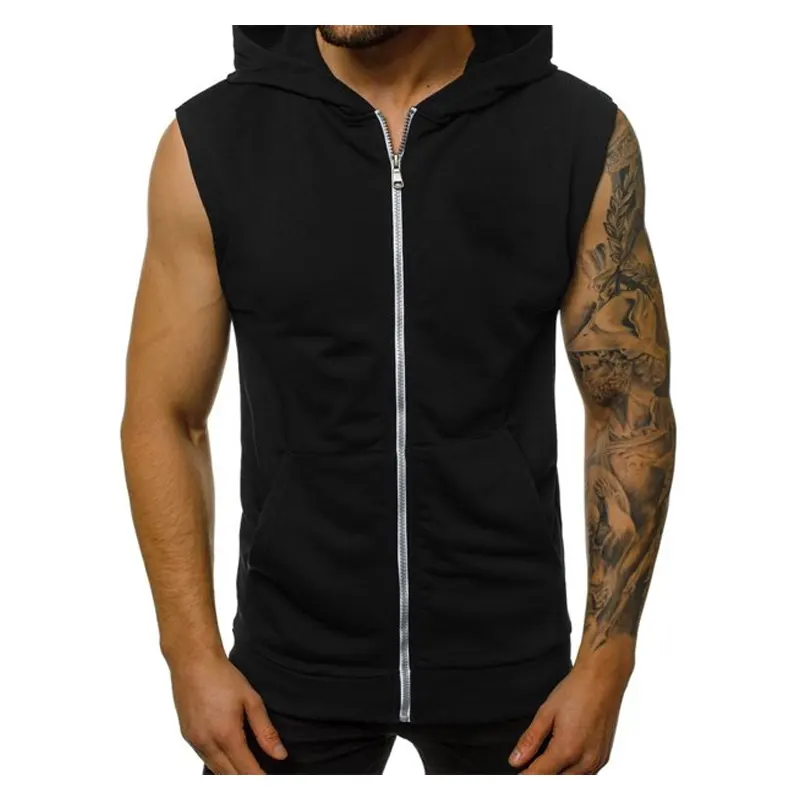 OEM Wholesale Men Sports Tank Top With Zipper Style Custom Muscle Fitness Vest Men's Black Tank Top Hoodie Zipper