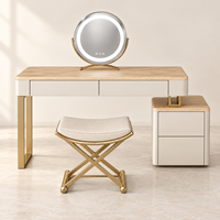 Ensemble de coiffeuse moderne ivoire avec miroir rond LED, armoire latérale multi-tiroirs, tabouret, taille et couleur personnalisables, garantie de 2 ans