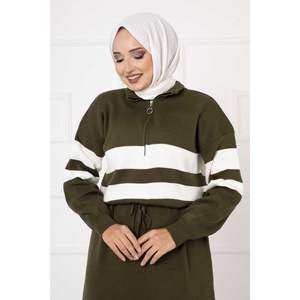 Robe kaki décontractée en tricot à fermeture éclair avec décoration à motif style taille tunnel - Product Image 3