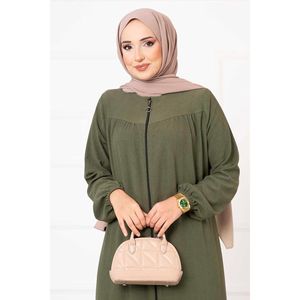Relaxed Fit Khaki Shirred Modest Dress <b>Abaya</b> - Product Image 3