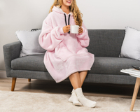 Toptan kore dokuma boy giyilebilir battaniye Hoodie kadınlar erkekler için katı polar cep tam kollu sıcak kışlık kıyafet