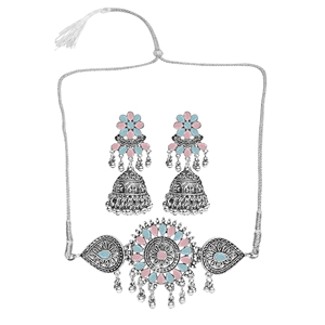 GS Pink and SkyBlue Flower Round <b>Choker</b> for Party Occasions - Product Image 3