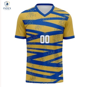 เสื้อฟุตบอลผู้ชาย INDEX APPAREL แบบซับลิเมชั่น คอวี แขนสั้น สีน้ำเงิน-ทอง ลายทาง ระบายเหงื่อได้ดี ทรงแอธเลติก - Product Image 1