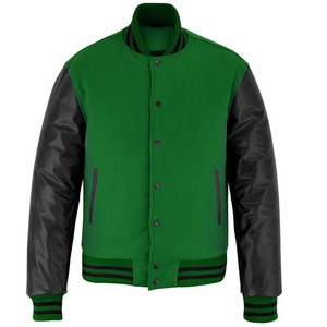 OEM High Street Hombres Verde Fleece Negro Mangas de cuero Letterman Varsity Jacket Hot Custom-Made Stand Precio al por mayor de invierno - Product Image 1