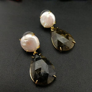 ขายส่งกำหนดเอง ONYX & Lapis Lazuli ต่างหูพลอยธรรมชาติไข่มุกเครื่องประดับตุ้งติ้งที่มีโลโก้ที่กำหนดเองสำหรับผู้หญิง - Product Image 2