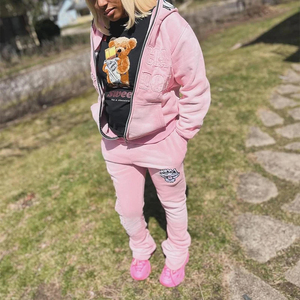 Chándales con parche bordado de angustia con logotipo personalizado, chándal apilado Unisex, conjunto de Sudadera con capucha y cremallera Vintage de cara completa con lavado Aicd - Product Image 1