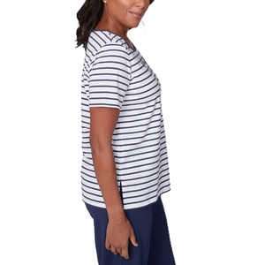 Camisetas a rayas de cuello redondo de algodón 100% para mujer, camisetas bordadas transpirables informales de verano con logotipo personalizado para exteriores, camisetas teñidas lisas - Product Image 3