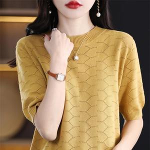 T-shirt d'été en coton pour femme, 100 % respirant, séchage rapide, personnalisable, col tricoté uni, manches courtes, pull ample - Product Image 4